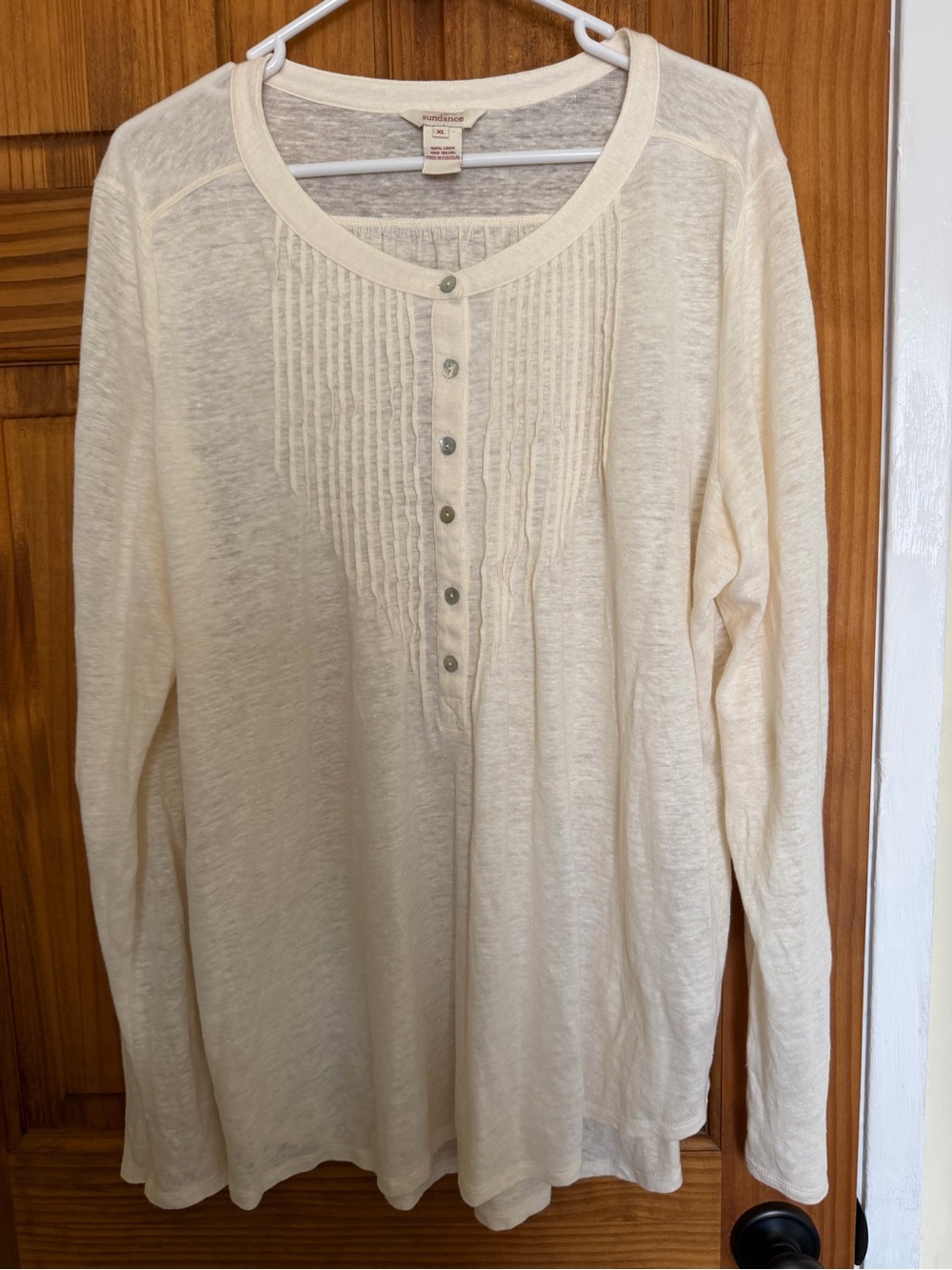 Sundance Cream 100% Linen Long-Sleeve Pintuck Henley Top